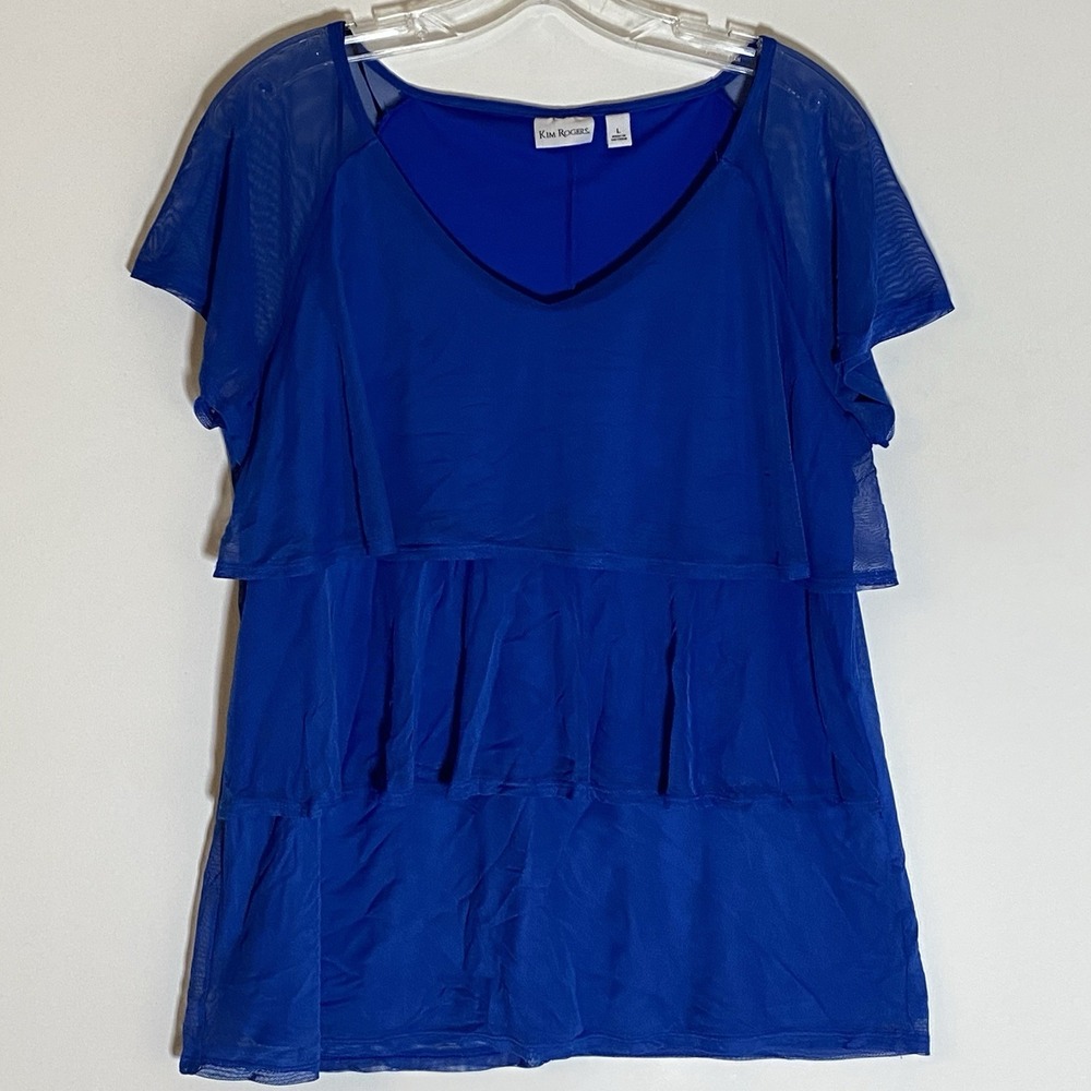 Kim Rogers Top Womens Large Blue Tiered Ruffle Blouse Sheer Mesh Classic Casual